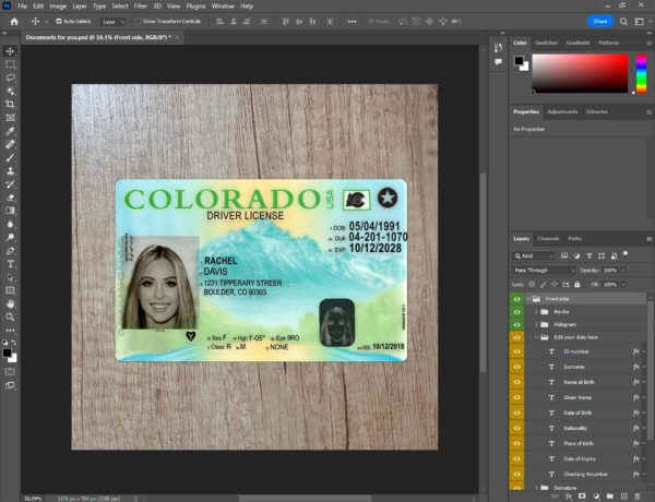 Colorado driver license template PSD