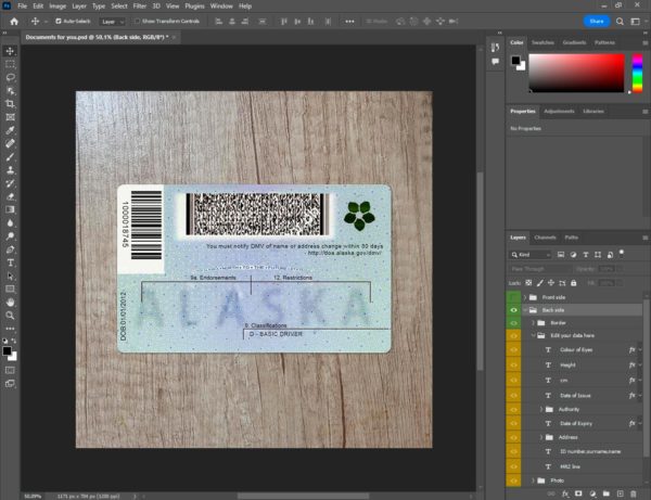 Alaska driver license template back side PSD