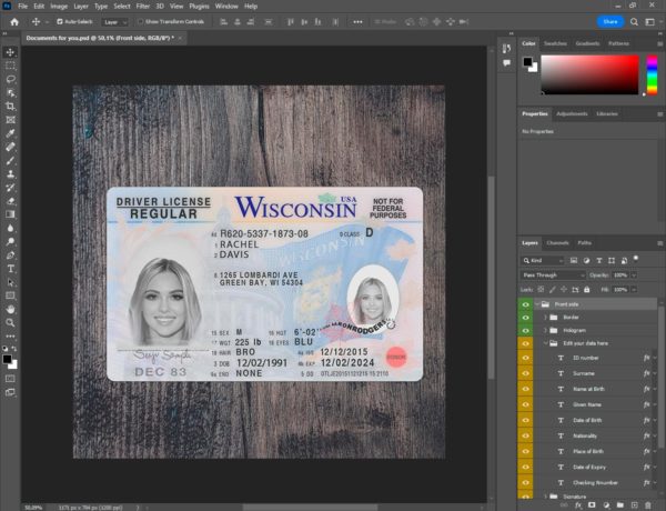 Wisconsin driver license template PSD