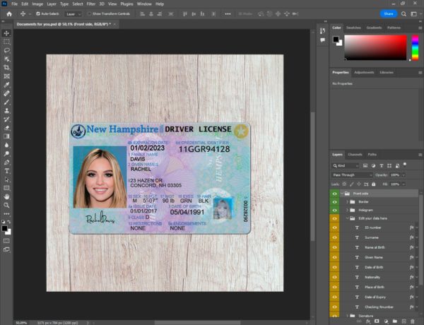 New Hampshire driver license template PSD