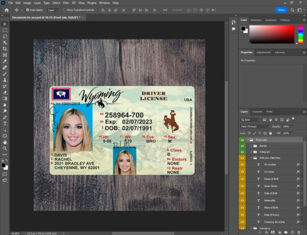 Wyoming driver license template PSD