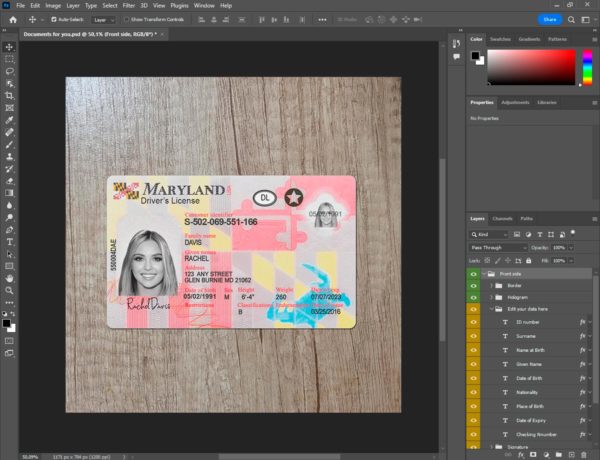 Maryland driver license template PSD