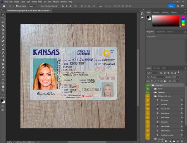Kansas driver license template PSD