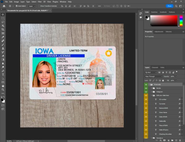 Iowa driver license template PSD