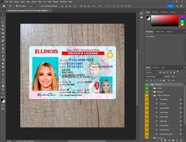 Illinois driver license template PSD