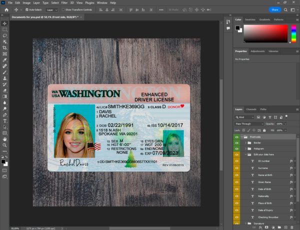 Washinton driver license template PSD