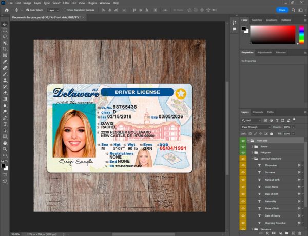 Delaware driver license template PSD