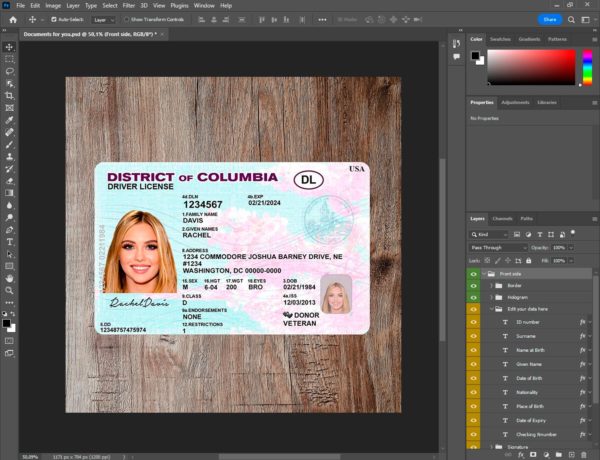 D. Columbia driver license template PSD