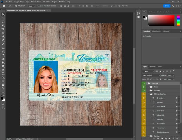 Tennessee driver license template PSD