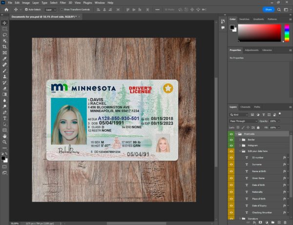 Minnesota driver license template PSD