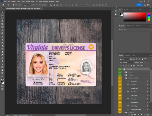 Virginia driver license template PSD