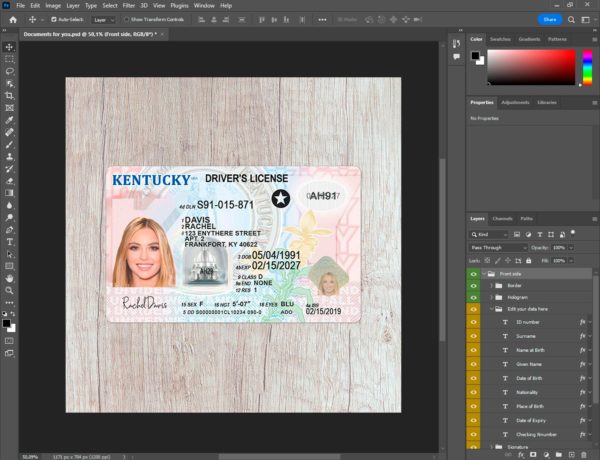 Kentucky driver license template PSD