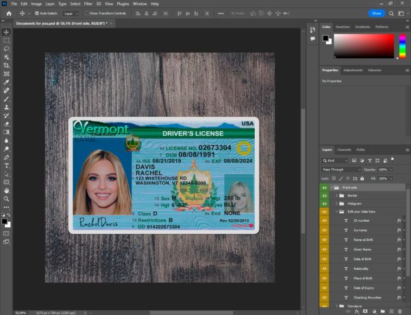 Vermont driver license template PSD