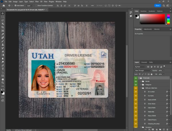 Utah driver license template PSD