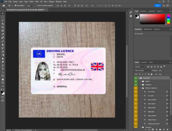 UK driver license template PSD