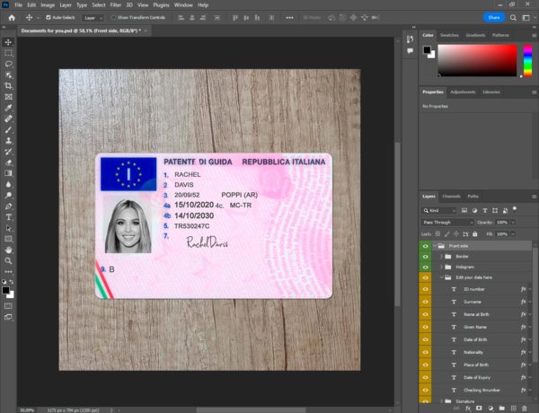 Italy driver license template PSD