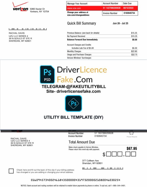 Verizon USA utility bill template driverlicensefake.com