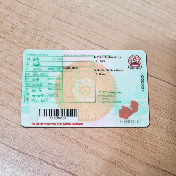 Zambia driver license template back side