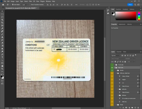 New Zealand driver license template back side PSD