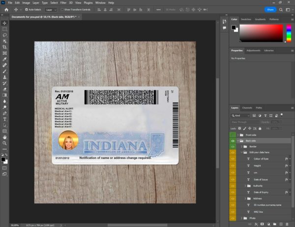 Indiana Id Card Template back side PSD