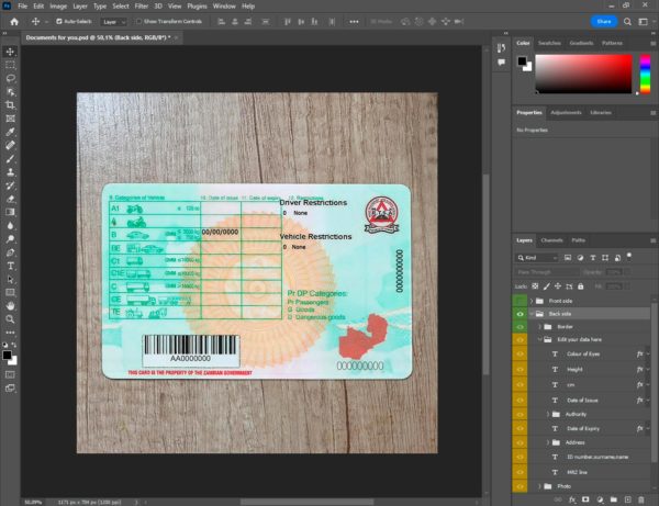 Zambia driver license template back side PSD