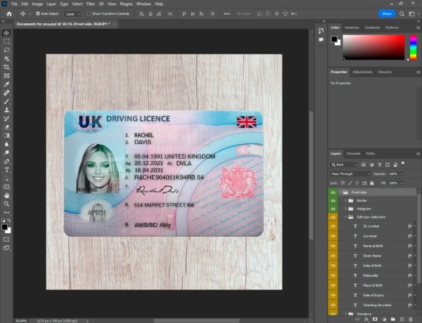 UK new driver license template PSD