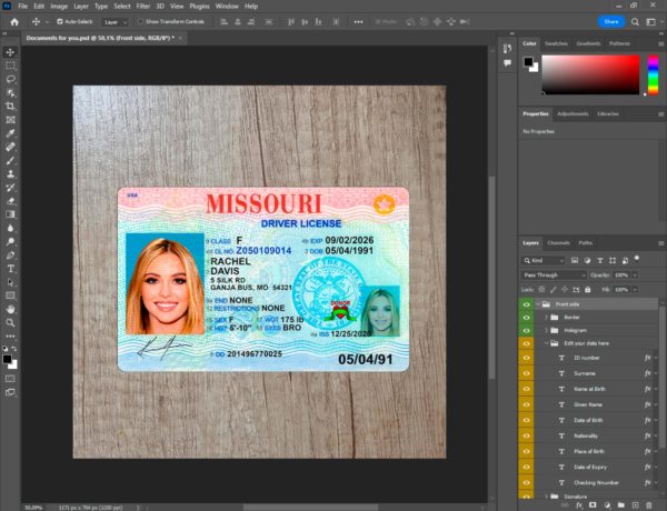 Missouri driver license template PSD