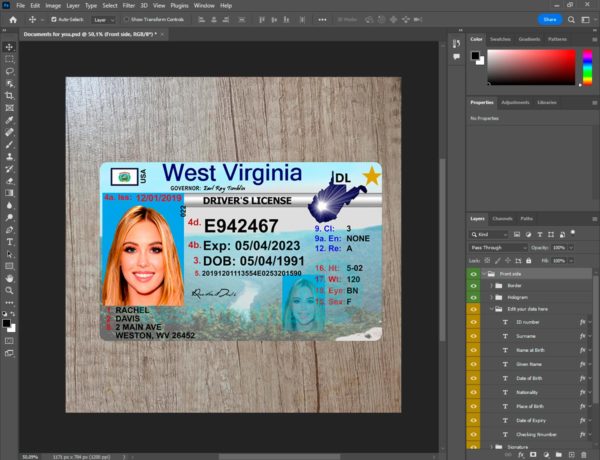 West Virginia driver license template PSD