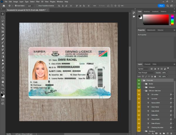 Namibia driver license template PSD