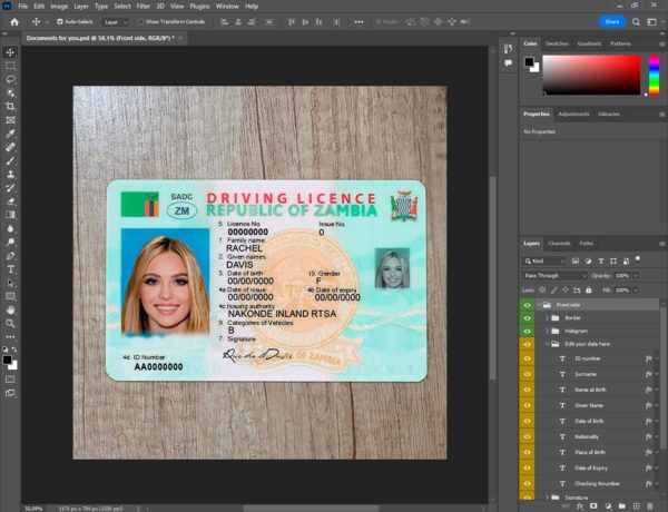 Zambia driver license template PSD