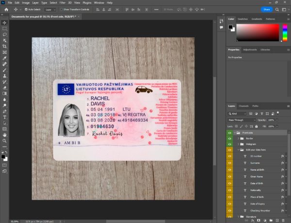 Lithuania driver license template PSD