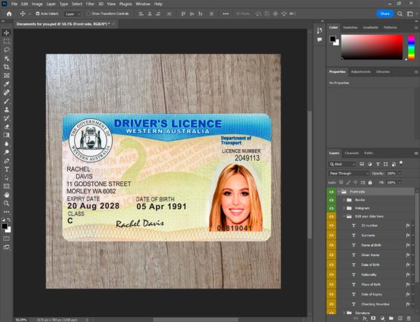 Western Australia driver license template PSD
